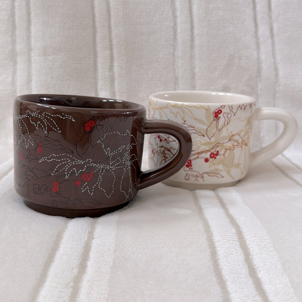 Set of 2 Starbucks Stackable Coffee / Tea Mugs Brown & White